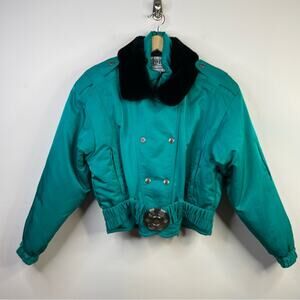 Fera Vintage Teal 80s 90s Southwestern Belted Faux Fur Ski Skiing Jacket Coat 12